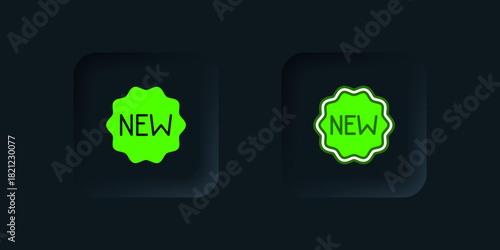 Green Price tag with an inscription New icon isolated on black background. Badge for price. Promo tag discount. Black square button. Vector