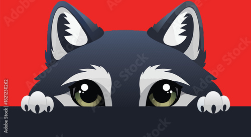 A cute cartoon wolf or husky dog peeking over a dark surface with big eyes on a red background.