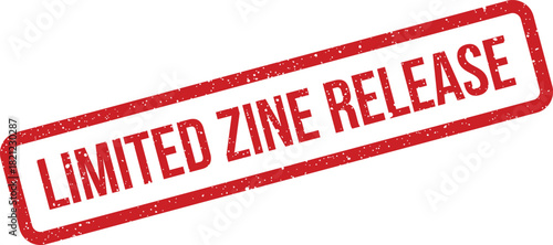 Textured rubber stamp featuring the phrase limited zine release within a distressed rectangular border for new product announcements