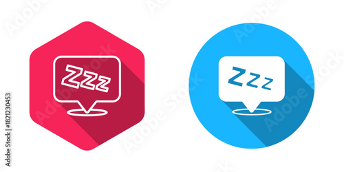 Filled and outline Sleepy icon isolated with long shadow background. Sleepy zzz talk bubble. Vector