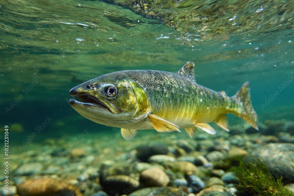 Naklejka premium Smolt: A Vibrant Representation of Chinook Salmon in Spring Waters - Underwater River Scene