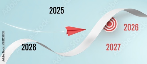 A Journey to Tomorrow: A symbolic red paper airplane soars toward a bullseye target, charting a course through time that embodies progress and goal-setting.