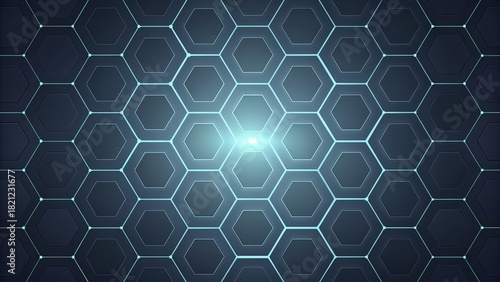 Futuristic dark blue geometric background with light blue hexagon pattern and central glow
