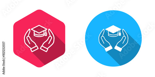 Filled and outline Education grant icon isolated with long shadow background. Tuition fee, financial education, budget fund, scholarship program, graduation hat. Vector
