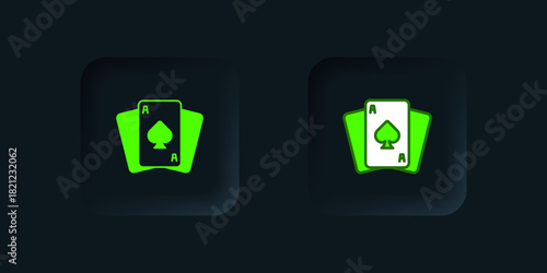Green Playing cards icon isolated on black background. Casino gambling. Black square button. Vector