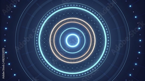 Futuristic Technological Interface with Glowing Circles and Geometric Grid Pattern