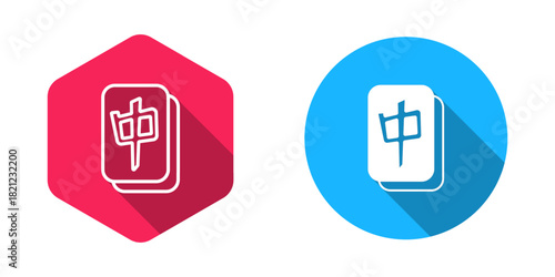 Filled and outline Mahjong pieces icon isolated with long shadow background. Chinese mahjong red dragon game emoji. Vector