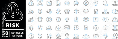 Risk and safety icons set. editable line icons, outline, hazard and warning symbols