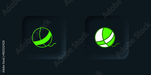 Green Yarn ball icon isolated on black background. Label for hand made, knitting or tailor shop. Black square button. Vector