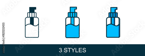 Filled outline Bottle of liquid antibacterial soap with dispenser icon isolated on white background. Disinfection, hygiene, skin care concept. Vector