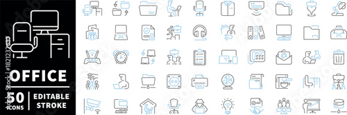 Office icons set. editable line icons for workspace and business essentials