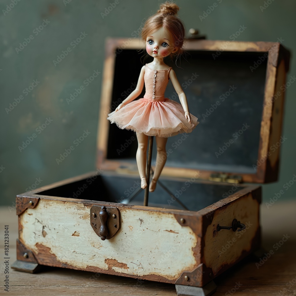 Obraz premium Vintage ballerina doll stands inside an old wooden chest. Doll wears a pink tutu. Aged box has metal accents. Nostalgic toy display. Delicate antique treasure.