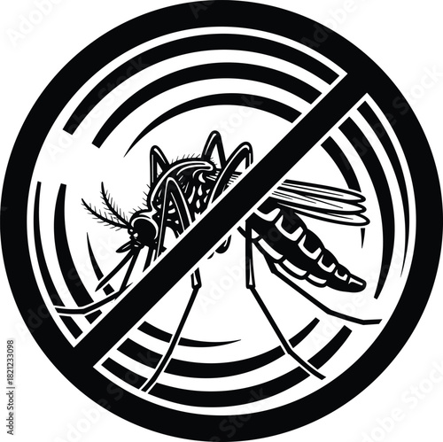 Black and White Mosquito Prohibited Sign Vector Illustration, Depicting Pest Control, Insect Repellent, Disease Prevention, and Health Warning Against Biting Insects and Summer Plagues.