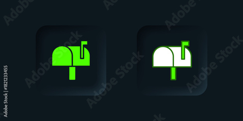 Green Mail box icon isolated on black background. Mailbox icon. Mail postbox on pole with flag. Black square button. Vector