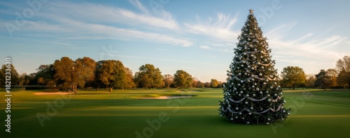 beautifully decorated Christmas tree with silver ornaments, placed in the middle of a lush green golf course. The background shows clear skies with soft, wispy clouds and trees surrounding the area. 