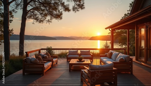 Wooden deck with comfy sofas and chairs overlooks calm lake at sunset. House view shows scenic water landscape with distant hills and warm sky. Peaceful evening at lakeside retreat.