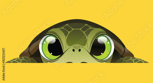 A cute cartoon turtle with big green eyes is peeking over a surface against a solid yellow background.