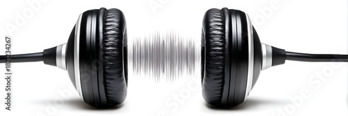 Black Headphones with Sound Waves on White Background