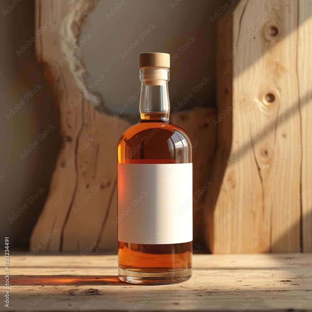 Obraz premium Clear glass bottle with amber liquid, white label sits on wooden table. Natural light casts shadows on wood grain background. Alcohol beverage mockup for branding product shot. Empty space for text.