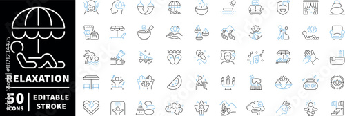 Relaxation icons set. editable line icons, outline, spa, wellness symbols