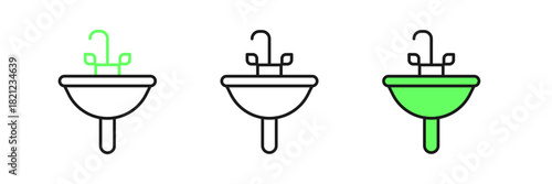 Set line Washbasin with water tap icon isolated on white background. Vector