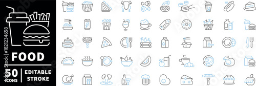 Food and beverage icons set. editable line icons, outline, culinary vector symbols
