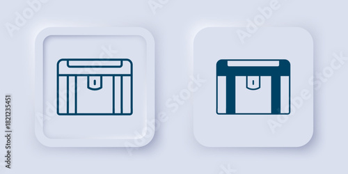 Filled and outline Antique treasure chest icon isolated on grey background. Vintage wooden chest with golden coin. Square button. Vector