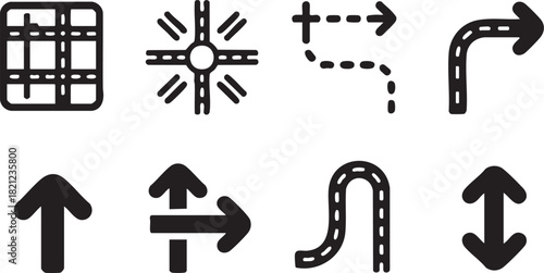 Roadmap Navigation and Direction Icons Set Traffic Route Intersection Path and Arrow Symbols