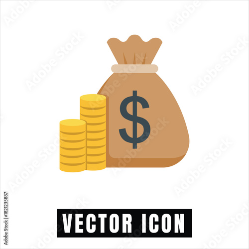 Brown money bag with dollar sign and stacked gold coins