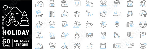 Holiday icons set. editable line icons, outline travel, vacation symbols