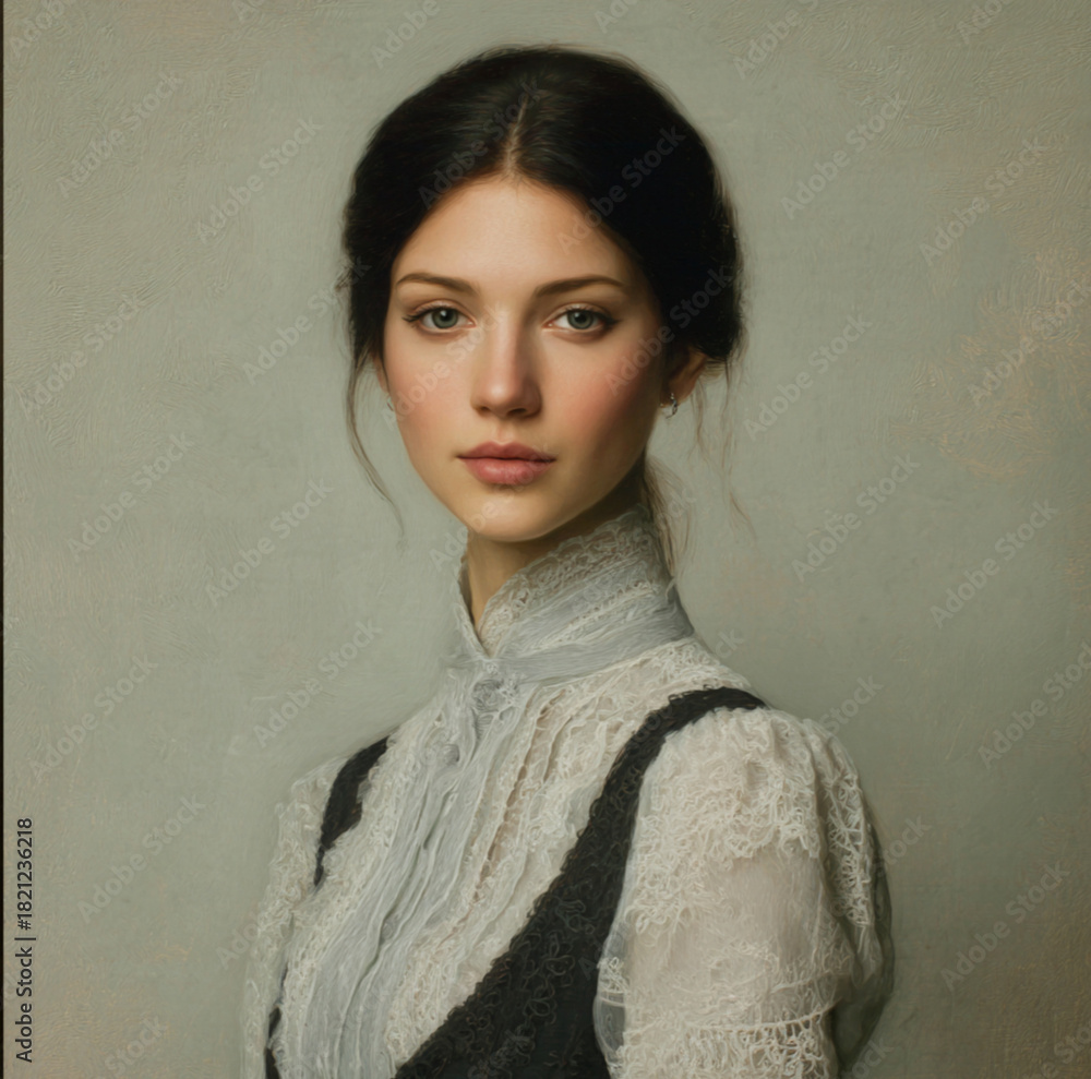 Fototapeta Timeless classical portrait of a woman in Victorian-inspired clothing, neutral elegant tones, fine brushstroke detail, soft diffused lighting