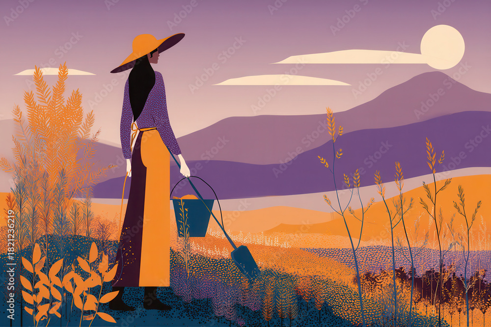 custom made wallpaper toronto digitalWoman in wide brimmed hat stands in serene landscape, holding watering can and shovel, gazing at sunset over mountains. scene is painted in warm, calming hues