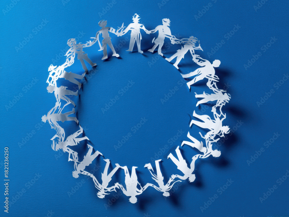 custom made wallpaper toronto digitalCircle of paper cutout figures holding hands symbolizes unity and teamwork against blue background, creating sense of community and togetherness