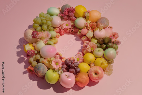 Wallpaper Mural Vibrant wreath made of assorted fruits and flowers, including grapes, apples, lemons, and pink blossoms, arranged on pastel pink background, creating cheerful and colorful display Torontodigital.ca