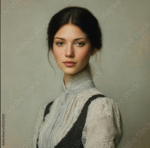 Timeless classical portrait of a woman in Victorian-inspired clothing, neutral elegant tones, fine brushstroke detail, soft diffused lighting