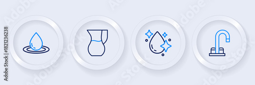 Set line Water tap, drop, Jug glass with water and icon. Vector
