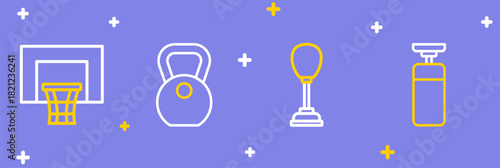 Set line Punching bag, Weight and Basketball backboard icon. Vector