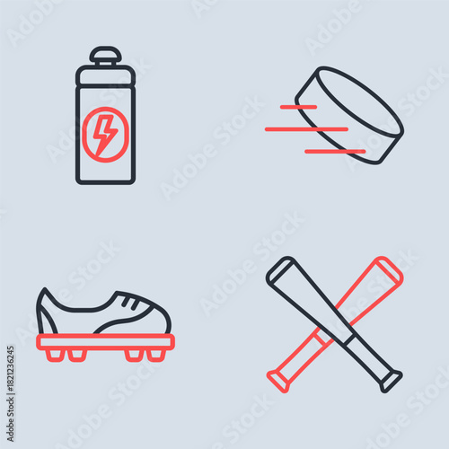 Set line Hockey puck, Football shoes, Crossed baseball bat and Fitness shaker icon. Vector