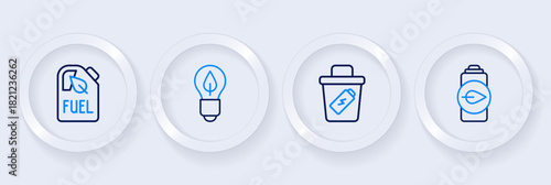Set line Eco nature leaf battery, Trash can, Light bulb with and Bio fuel canister icon. Vector
