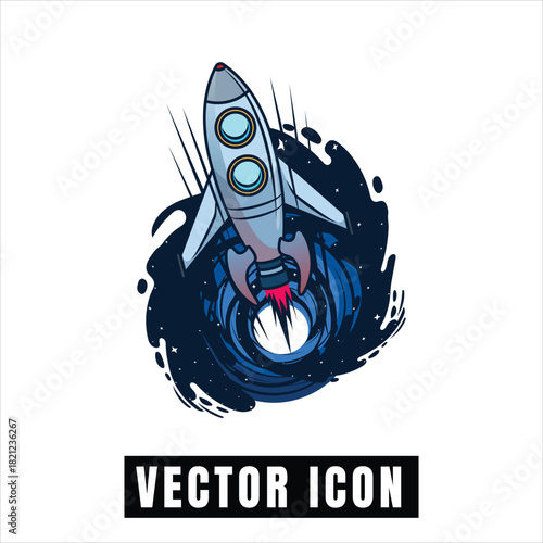 Retro rocket ship launching through cosmic swirl