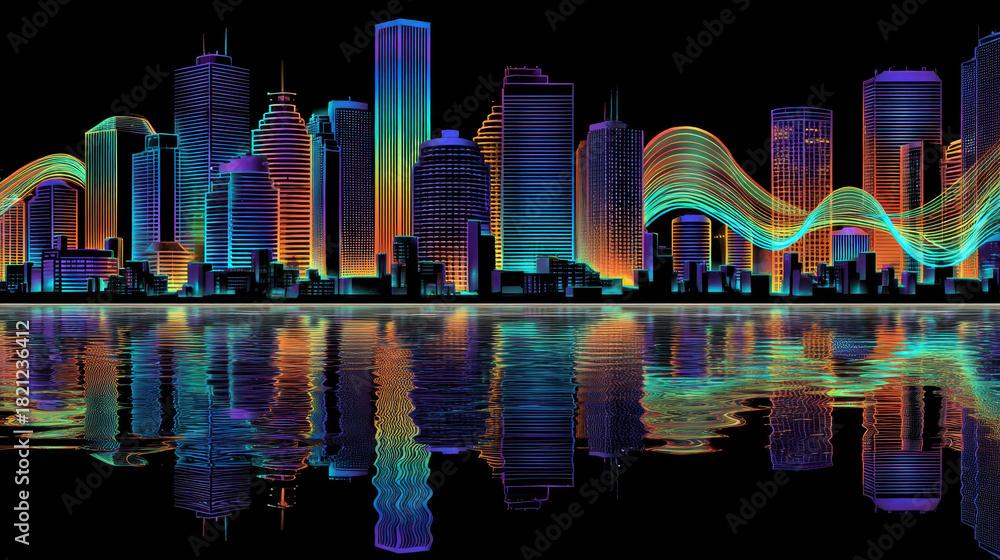 custom made wallpaper toronto digitalVibrant city skyline is illuminated with colorful neon lights, reflecting beautifully water below. scene is dynamic and futuristic, showcasing blend of modern architecture and artistic light