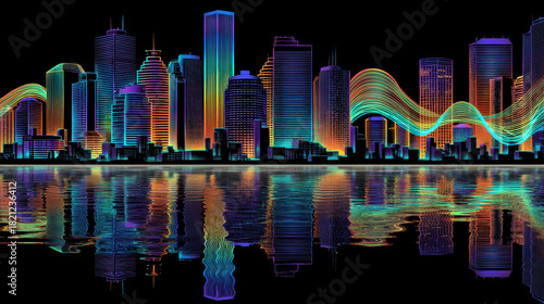 Wallpaper Mural Vibrant city skyline is illuminated with colorful neon lights, reflecting beautifully water below. scene is dynamic and futuristic, showcasing blend of modern architecture and artistic light Torontodigital.ca