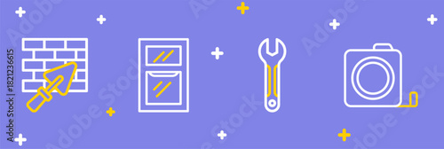 Set line Roulette construction, Wrench spanner, Hammer and wrench and Brick wall with trowel icon. Vector