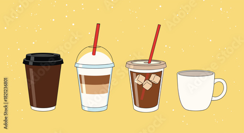 Four beverage illustrations depict a takeaway coffee cup, iced latte, iced coffee with a straw, and a ceramic coffee mug against a yellow background.