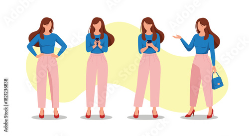 Four young women with brown hair and pink pants in different poses, standing on a white surface in front of a yellow background.