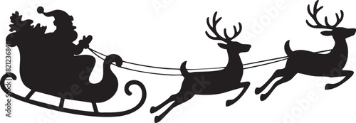 Santa Claus is flying in sleigh with Christmas reindeer. Silhouette of Santa Claus, sleigh with Christmas presents and reindeer