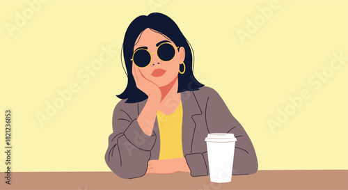 Illustration of a fashionable young woman wearing sunglasses and a blazer, sitting at a table with a coffee cup, against a pastel yellow background.