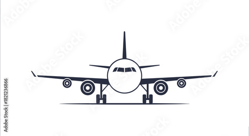 A front-view, black-and-white illustration of an airplane with a round nose, wings, tail fin, jet engines, landing gear, and cockpit windows.