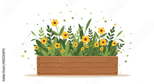 A delightful flower box arrangement filled with vibrant yellow blooms and lush green foliage, capturing the essence of a thriving spring garden.