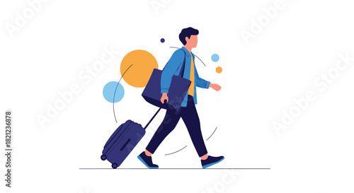 Man Walking with Suitcase and Tote Bag, Depicting Business Travel or Vacation, with Abstract Geometric Shapes in the Background.